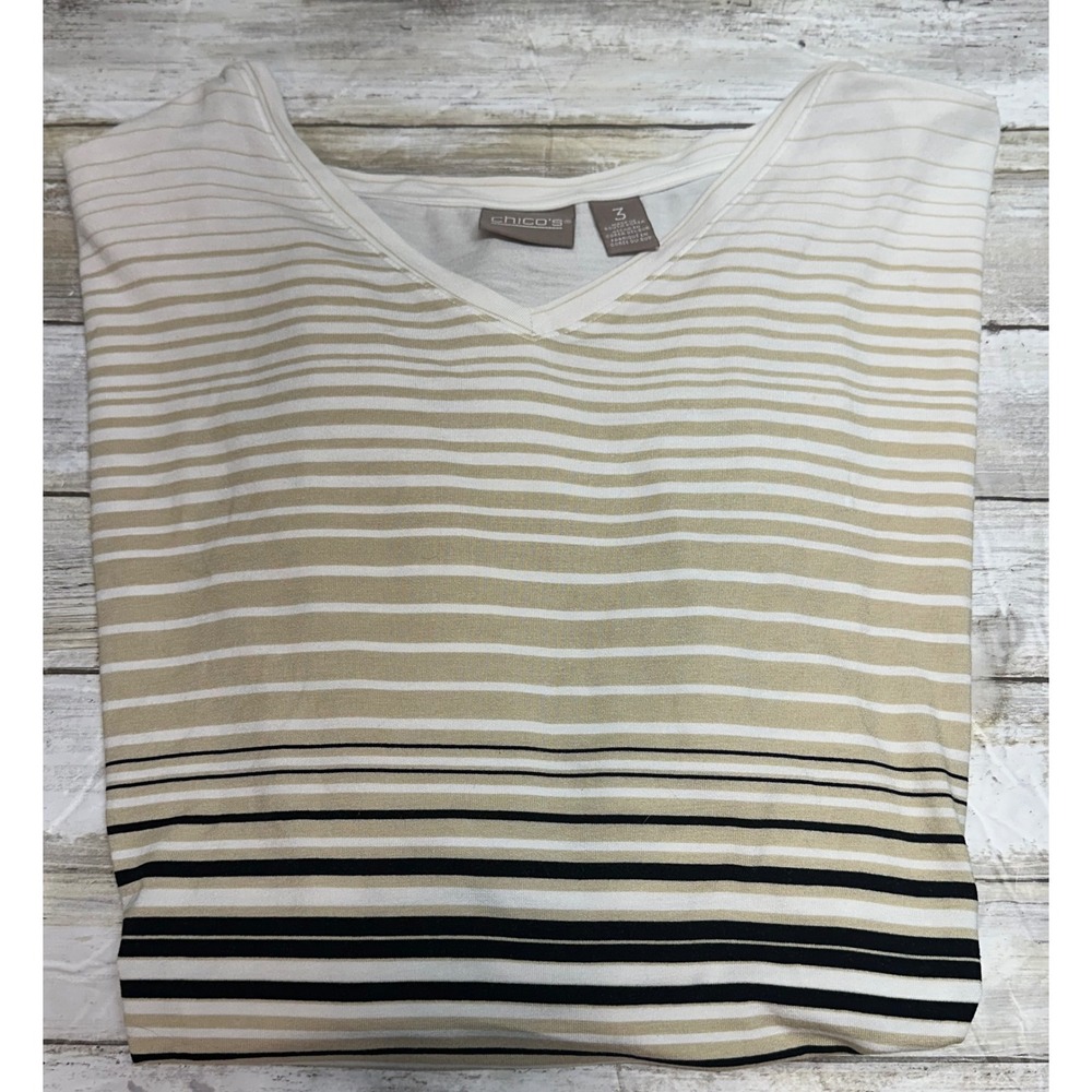 Chico's Striped V-Neck Short Sleeve Knit Top Tan Black White Size 3(U.S. 16)XL